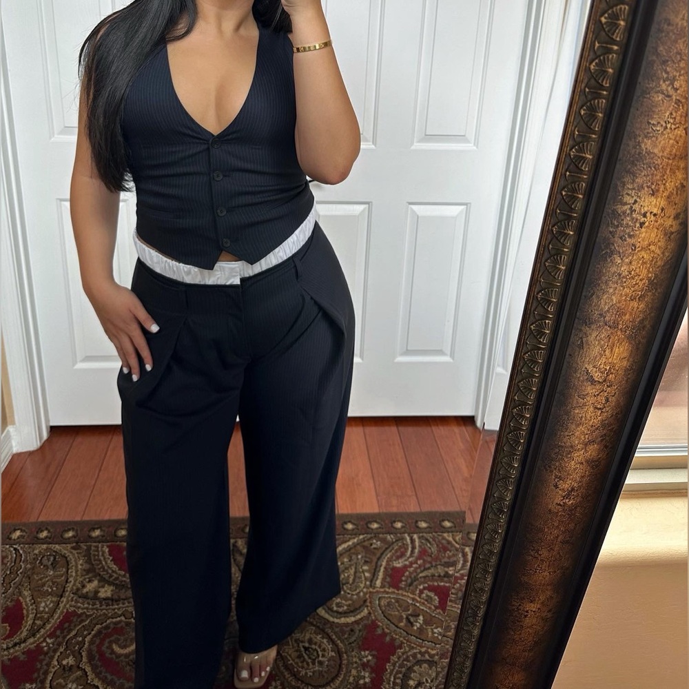 Zara Navy Blue Pinstripe Pant Set (Vest & pants)